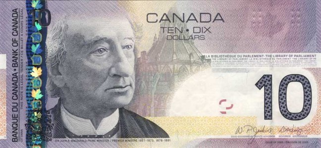 Купюра номиналом 10 канадских долларов, лицевая сторона
